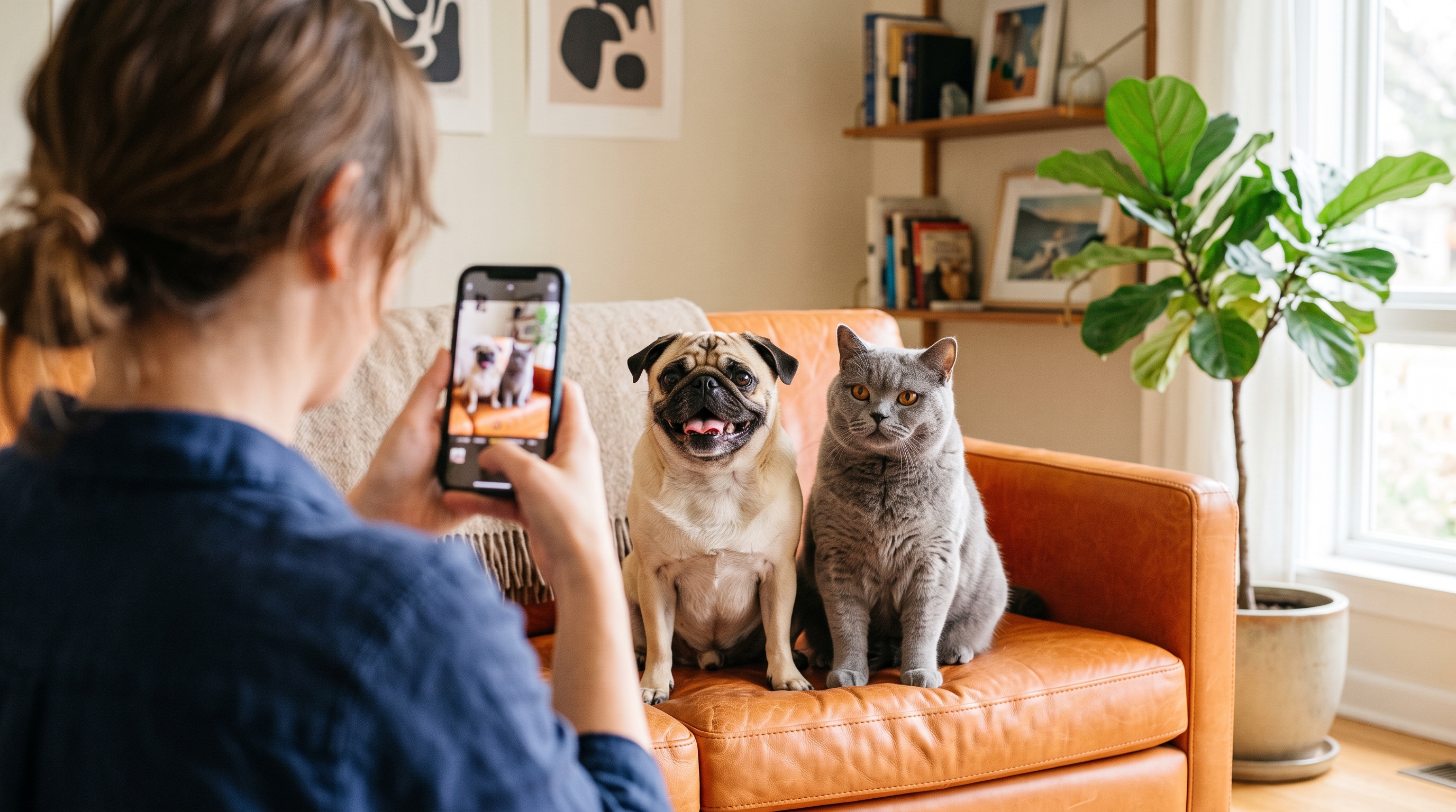 A pet parent filming a pug and cat together on a sofa